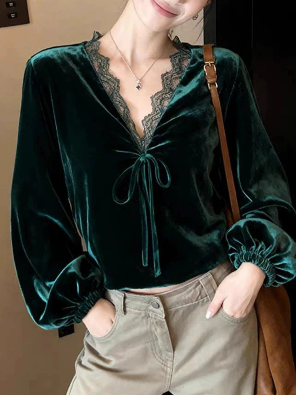 ZARA Women Velvet Lace Trim Tie Blouse Long Sleeve Elegant Versatile